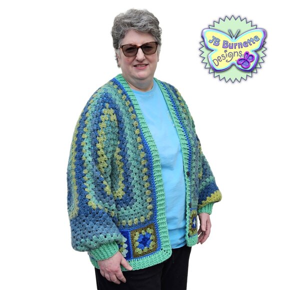 Handmade Oversize Crochet Cardigan Green Blue Warm Sweater, BOHO Granny Squares - Picture 8 of 15